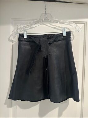 Maje Black Faux Leather A-Line Skirt with Tie Waist (FR34, US2)